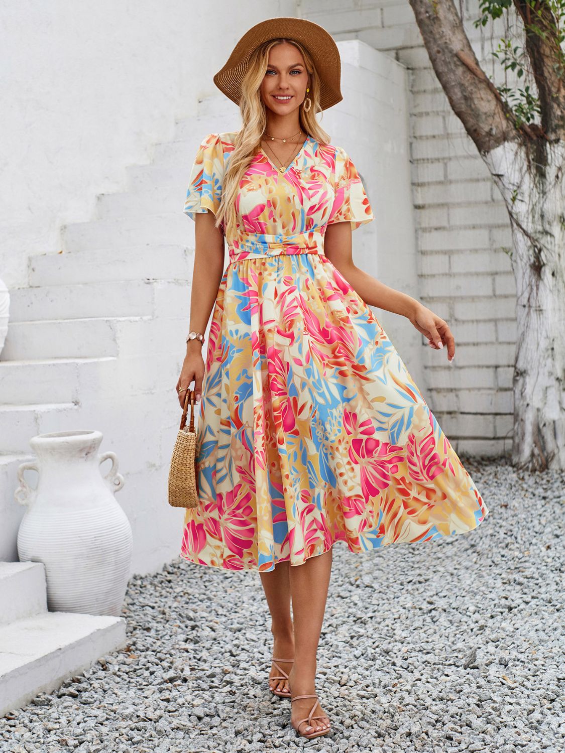 Printed V-Neck Short Sleeve Midi Dress