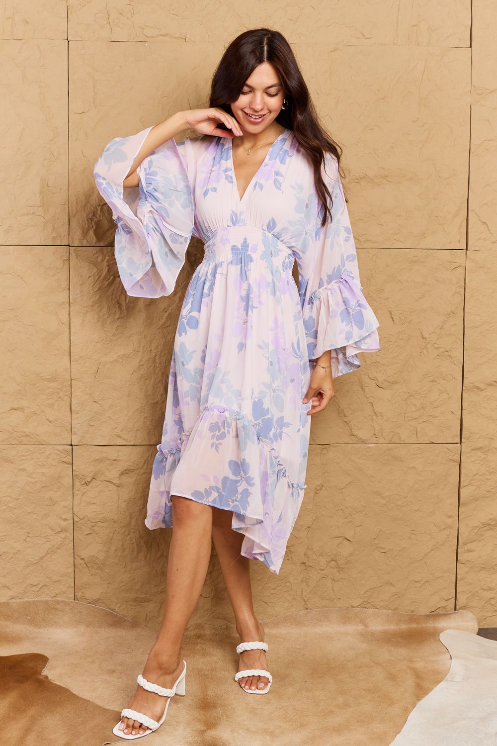 OneTheLand Take Me With You Floral Bell Sleeve Midi Dress in Blue