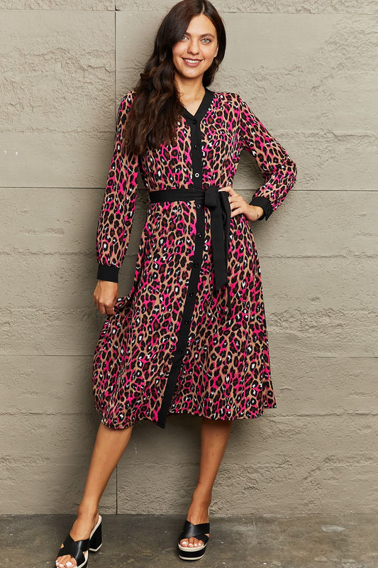 V-Neck Tie Waist Printed Midi Dress